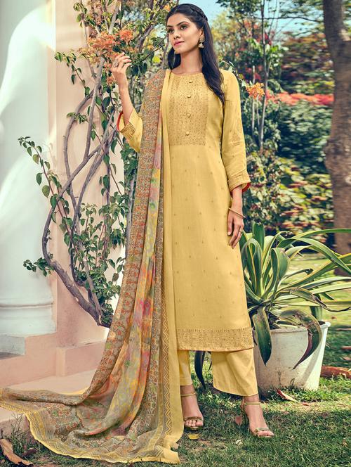 yellow round neck unstitched suits - 20027747 - Very Small Image - 1