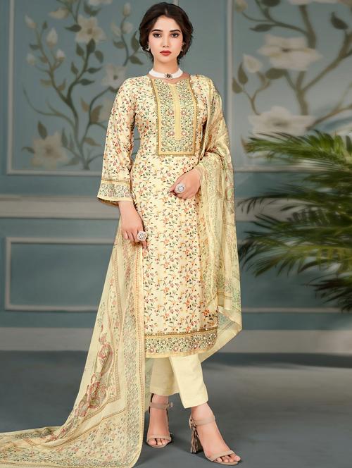 yellow floral printed unstitched suits - 20027749 - Very Small Image - 1
