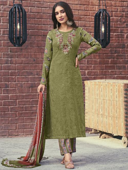 olive round neck unstitched suits - 20027757 - Very Small Image - 1