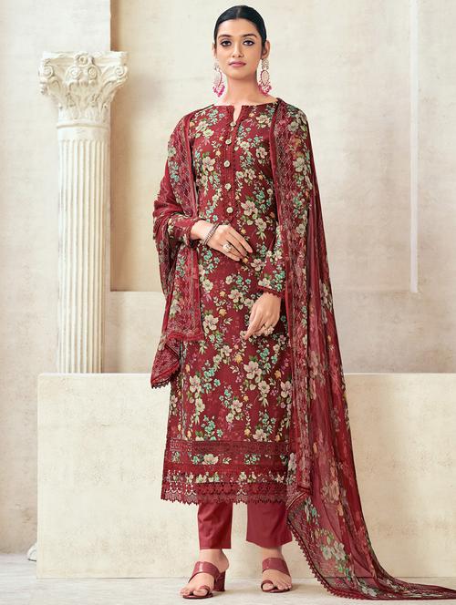 red printed unstitched suits - 20027769 - Very Small Image - 1