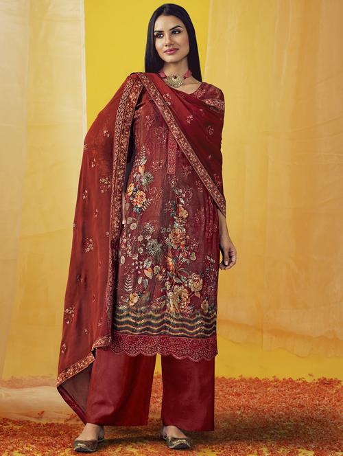 maroon round neck unstitched suits - 20027772 - Very Small Image - 1