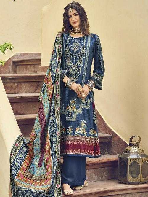 navy blue round neck unstitched suits - 20027778 - Very Small Image - 1
