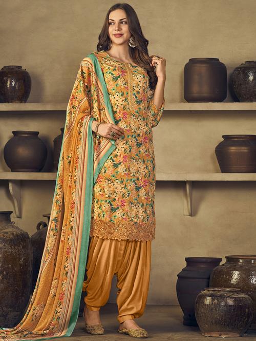 yellow round neck unstitched suits - 20027781 - Very Small Image - 1