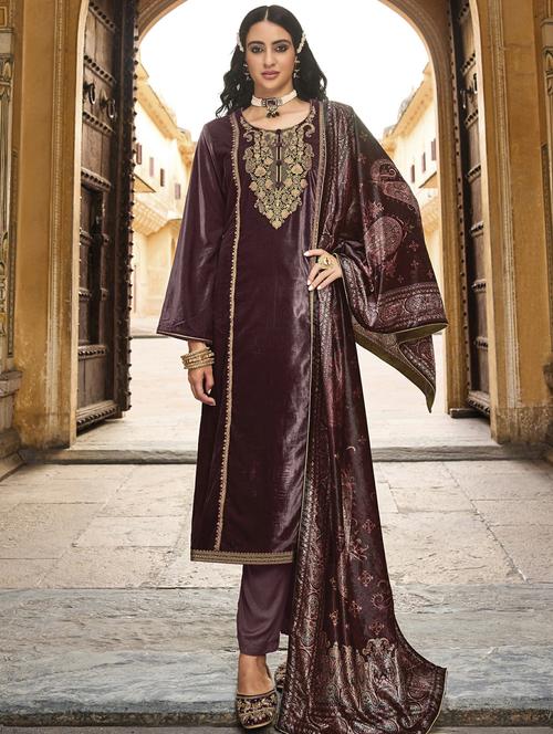 maroon round neck unstitched suits - 20027783 - Very Small Image - 1