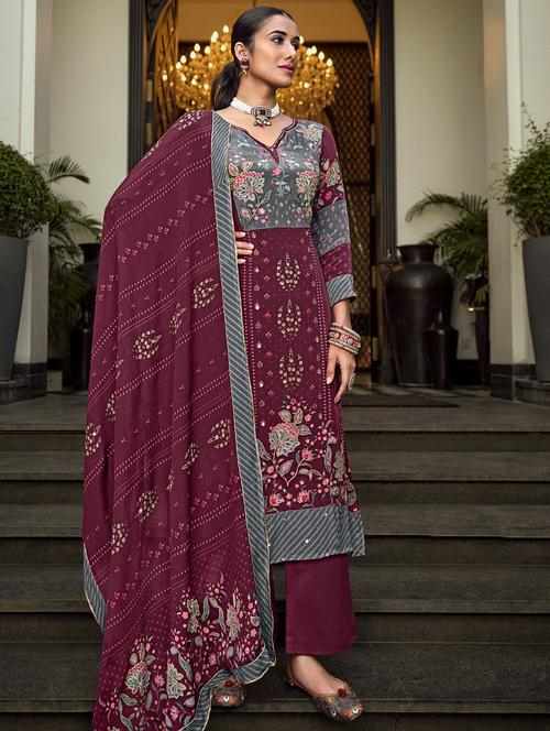 magenta embroidered unstitched suits - 20027790 - Very Small Image - 1