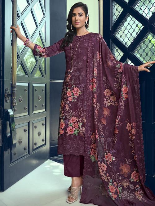 purple round neck unstitched suits - 20027806 - Very Small Image - 1