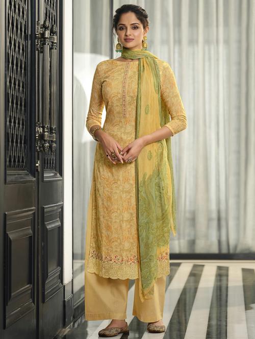 yellow boat neck unstitched suits - 20027808 - Very Small Image - 1