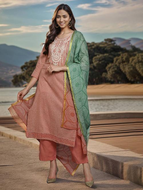 peach round neck printed suit set - 20030767 - Very Small Image - 1