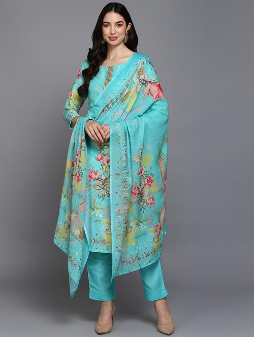 turquoise round neck printed suit set - 20030805 - Very Small Image - 1