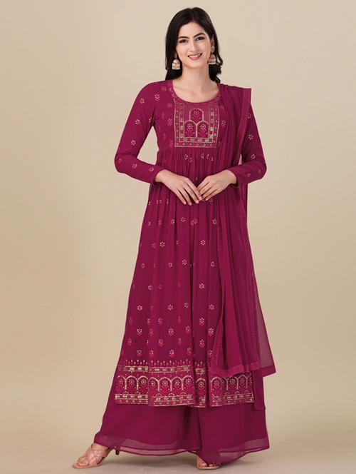 pink embroidered semi-stitched palazzo suits - 20031310 - Very Small Image - 1