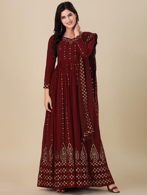 maroon embroidered semi-stitched suits - 20031316 - Very Small Image - 1