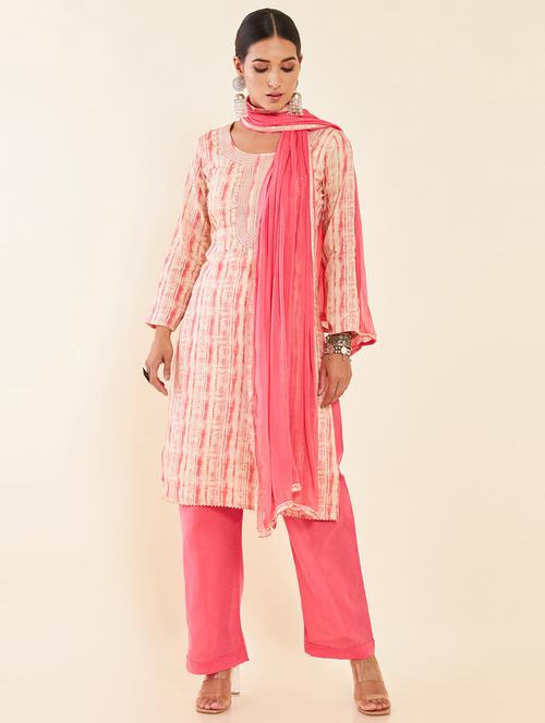 pink printed untstitched palazzo suits - 20031826 - Very Small Image - 1
