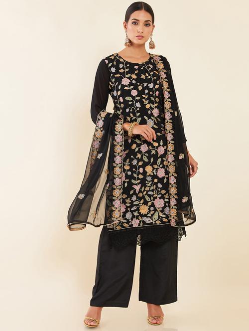 black printed unstitched palazzo suits - 20031839 - Very Small Image - 1