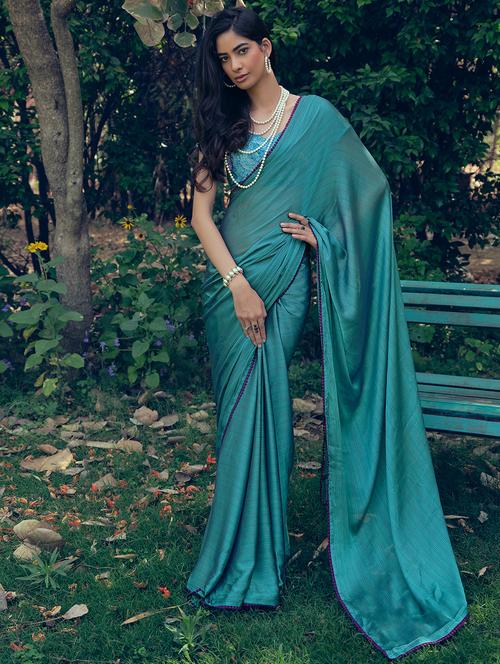 teal solid plain saree with blouse - 20031900 - Very Small Image - 1