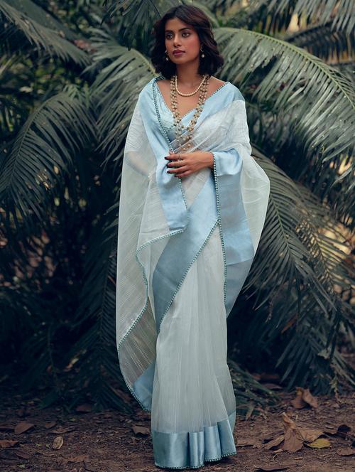 sky blue solid woven saree with blouse - 20031907 - Very Small Image - 1