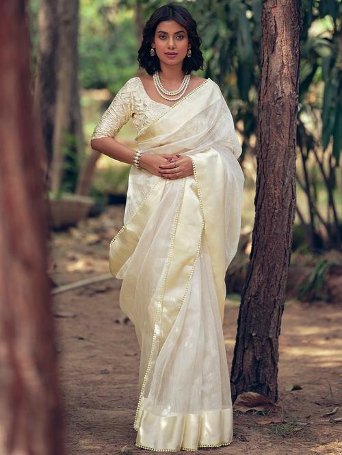 cream solid woven saree with blouse - 20031911 - Very Small Image - 1