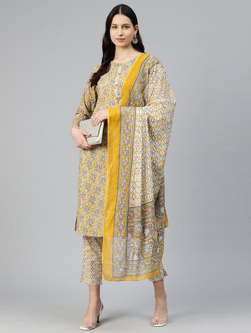 yellow kurta pant set with dupatta - 20032040 - Very Small Image - 1