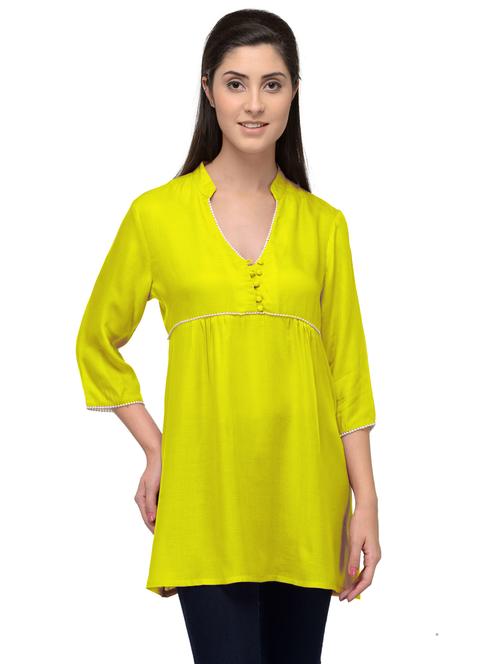 yellow mandarin neck a-line kurta - 20032660 - Very Small Image - 1