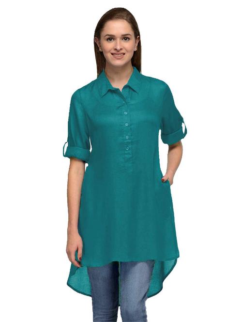 teal self design high-low kurti - 20032672 - Very Small Image - 1