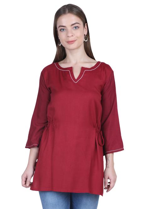maroon solid three quarter sleeves a-line tunic - 20032928 - Very Small Image - 1