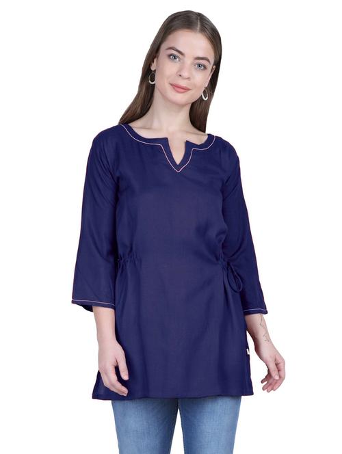 blue solid three quarter sleeves a-line tunic - 20032929 - Very Small Image - 1