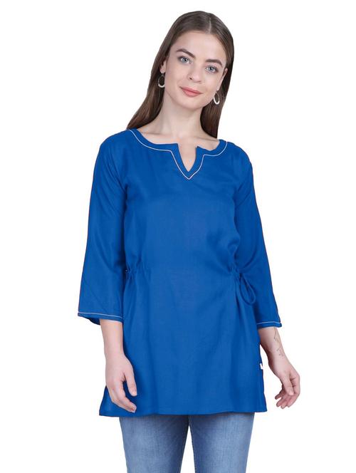 blue solid three quarter sleeves a-line tunic - 20032935 - Very Small Image - 1