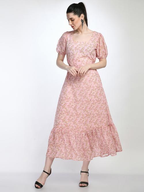 pink floral print puff sleeves ruffle a-line dress - 20033014 - Very Small Image - 1