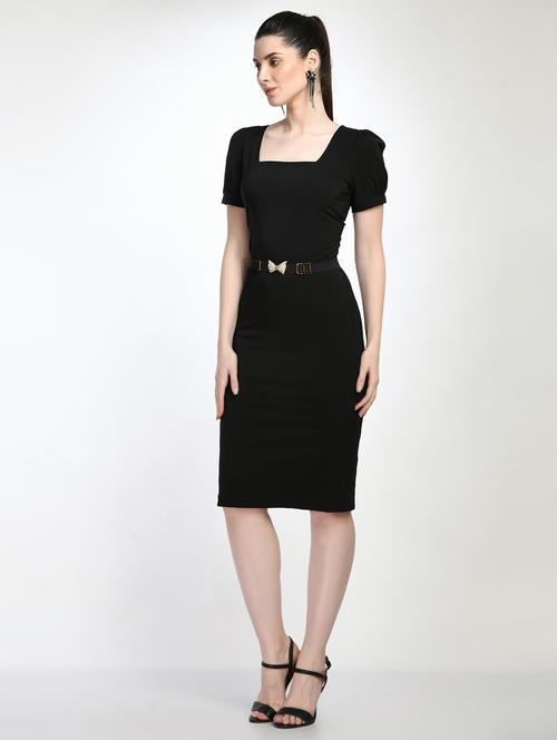 black solid puff sleeves sheath dress - 20033016 - Very Small Image - 1