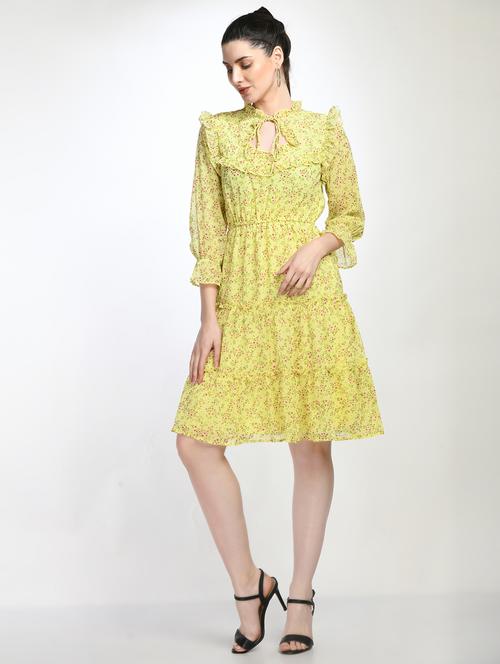 yellow floral print tie up neck tiered dress - 20033037 - Very Small Image - 1