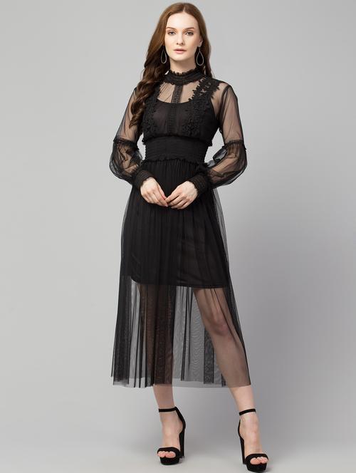 black mock neck lace detailed fit & flare dress - 20033068 - Very Small Image - 1