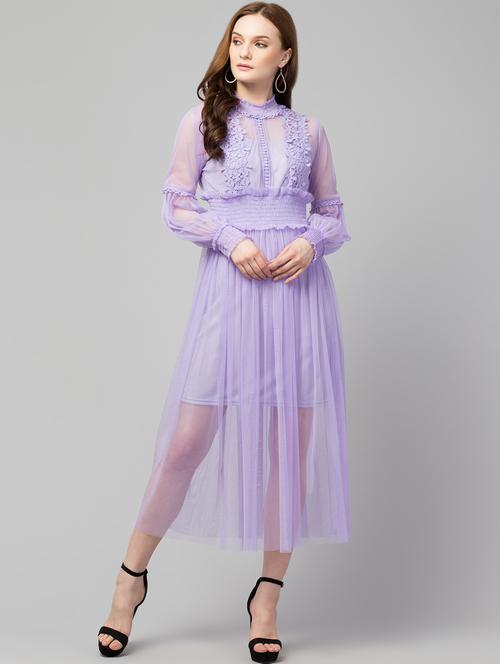 purple mock neck lace detailed fit & flare dress - 20033071 - Very Small Image - 1