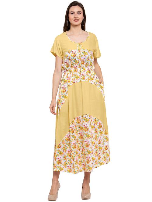 yellow floral cotton blend nighty - 20033543 - Very Small Image - 1