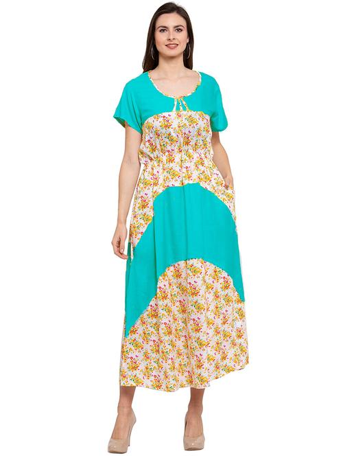 turquoise floral cotton blend nighty - 20033547 - Very Small Image - 1