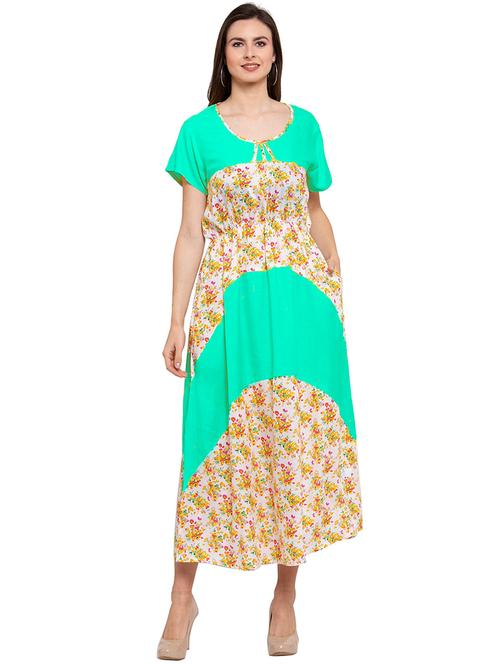 turquoise floral cotton blend nighty - 20033548 - Very Small Image - 1