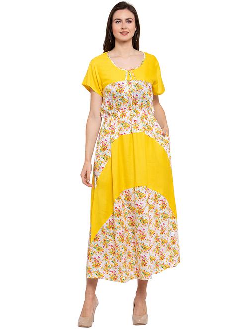 yellow floral cotton blend nighty - 20033550 - Very Small Image - 1
