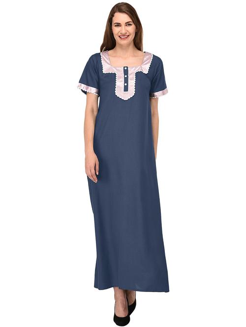 navy blue detailed square neck solid nighty - 20033694 - Very Small Image - 1