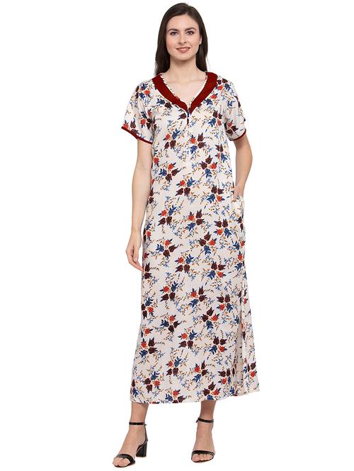 cream v-neck floral printed nighty - 20033737 - Very Small Image - 1