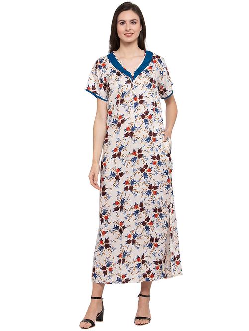 cream v-neck printed nighty - 20033741 - Very Small Image - 1