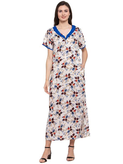 cream v-neck printed nighty - 20033742 - Very Small Image - 1