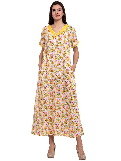 white floral printed cotton blend nighty - 20033750 - Very Small Image - 1