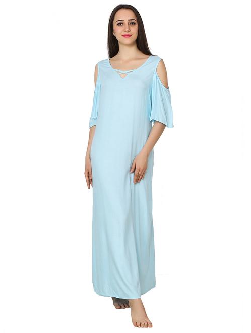 solid light blue v-neck cold shoulder nighty - 20033798 - Very Small Image - 1