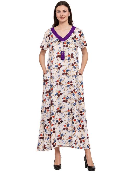 v neck florals printed nighty - 20033840 - Very Small Image - 1
