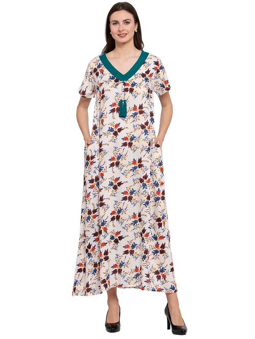v neck florals printed nighty - 20033841 - Very Small Image - 1