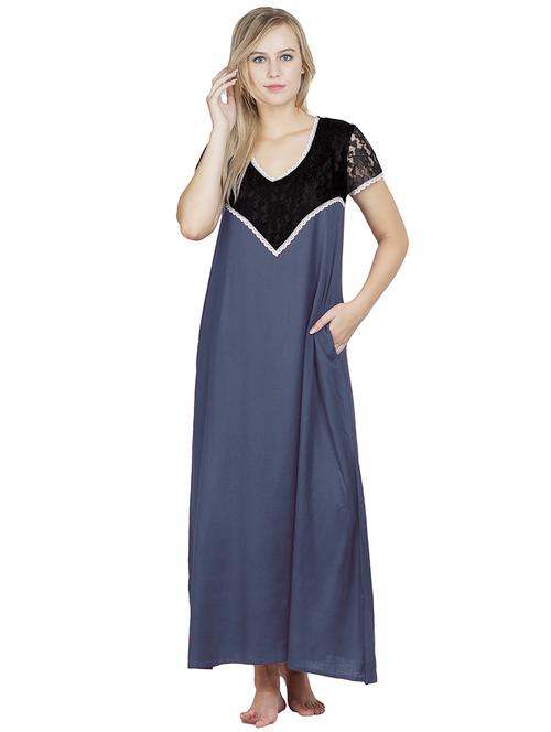 v neck solids nighty - 20033887 - Very Small Image - 1