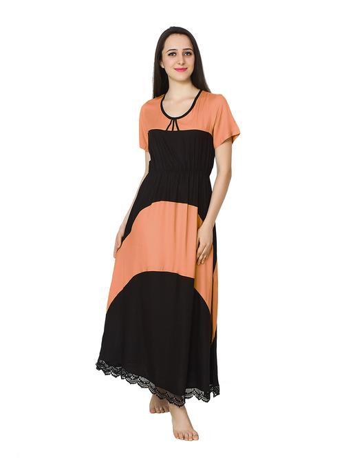 orange & black round neck color blocked nighty - 20034117 - Very Small Image - 1