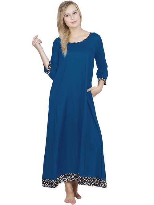 solid blue detailed scoop neck nighty - 20034133 - Very Small Image - 1