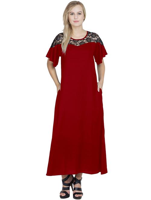 laced round neck solid nighty - 20034183 - Very Small Image - 1