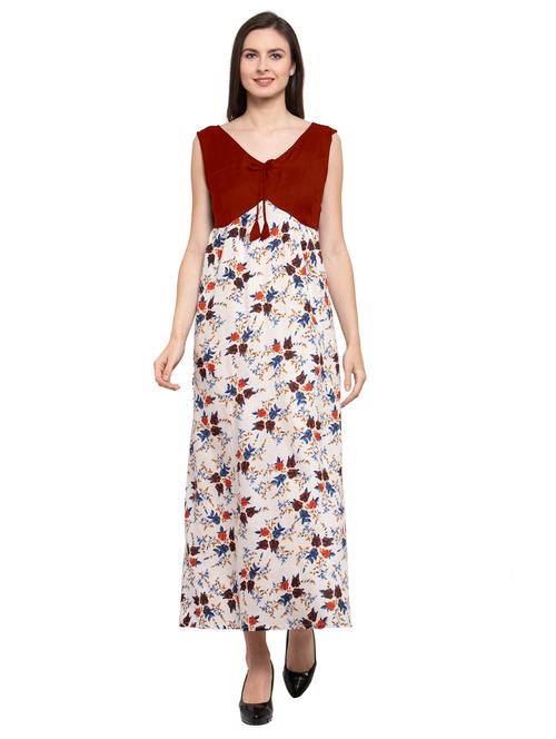 cream v-neck printed nighty - 20034278 - Very Small Image - 1