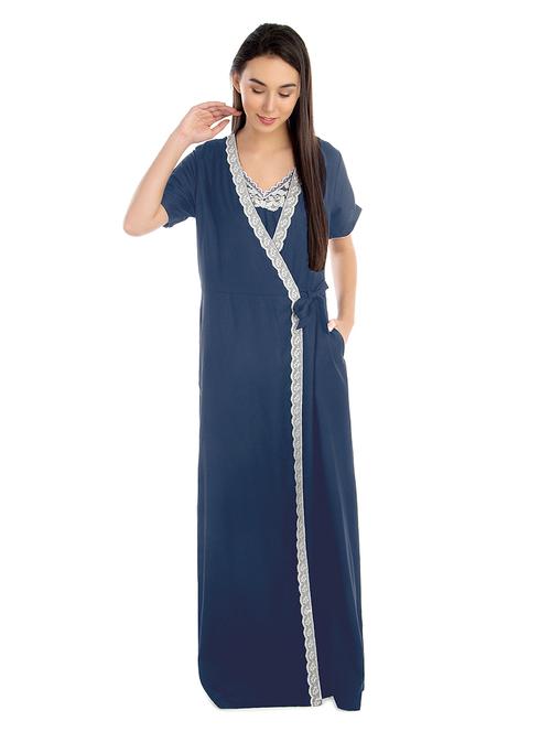 lace detailed v-neck solid nighty - 20034326 - Very Small Image - 1