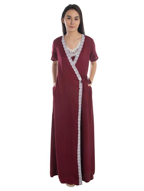 lace detailed v-neck solid nighty - 20034327 - Very Small Image - 1